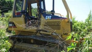 bulldozer parked amidst broken branches and thick shrubbery